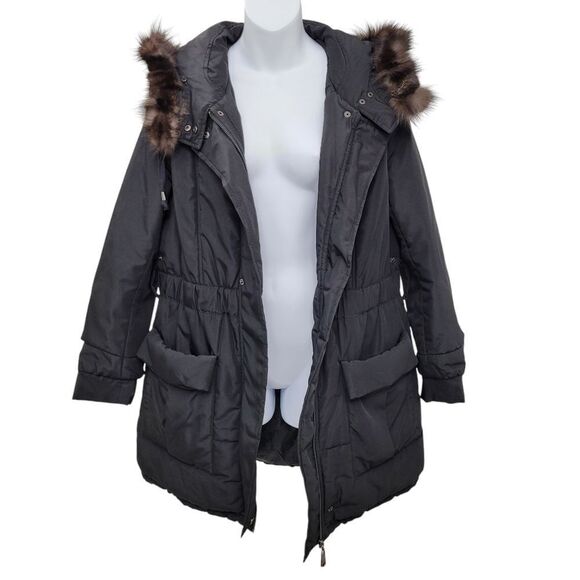 Trendy Black Winter Jacket With Furry Hoodie Size: Large - Picture 4 of 14